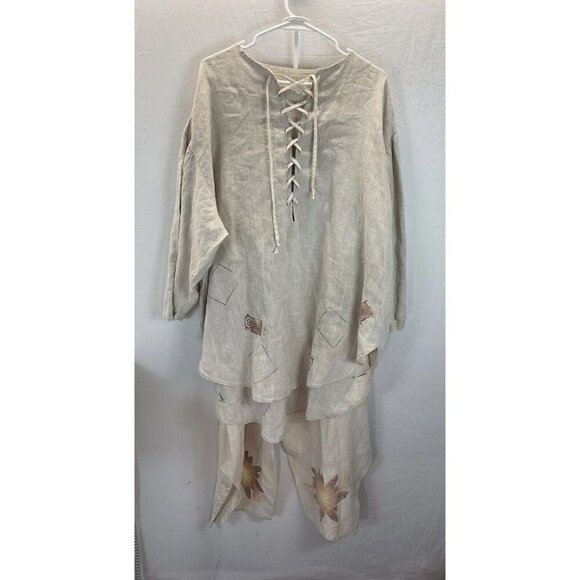 Blue Fish Plus Size 1 Art to Wear Linen Outfit Ivory Lagenlook handpainted